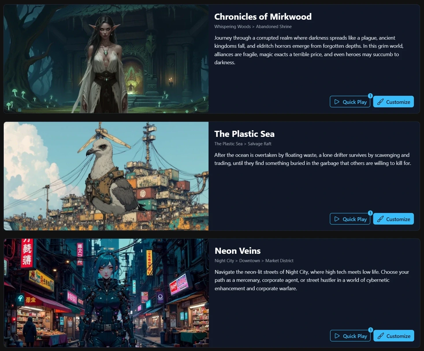 Preset and community stories to play instantly